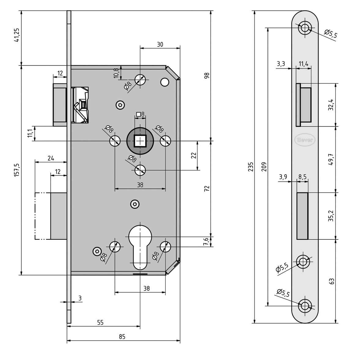 Zimmertür-Einsteckschloss PZ//W 55//72//8 DIN Rechts mit 20mm Edelstahl-Stulp rund